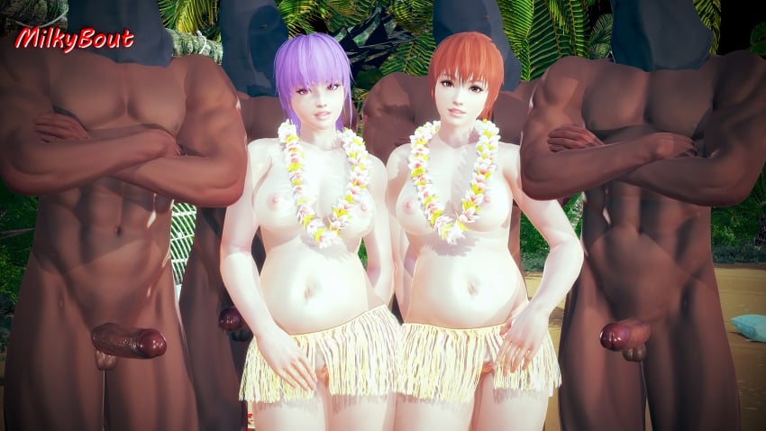 2girls 3d 3d_(artwork) 4boys areolae ayane_(doa) beach big_penis breasts dark-skinned_male dark_skin dead_or_alive dead_or_alive_xtreme_beach_volleyball flower honey_select honey_select_2 huge_cock interracial kasumi_(doa) milkybout multiple_boys multiple_girls multiple_pregnancies nipples outdoors outside ponytail pregnant purple_hair sister sisters tree