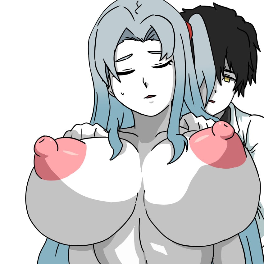 1boy 1girls 2021 angela_(lobotomy_corporation) areolae ayin_(lobotomy_corporation) big_breasts black_hair blue_hair calm closed_eyes clothed_male hands_on_shoulders i_want_more_myo_please lobotomy_corporation naked_female project_moon untaggable_artist yellow_eyes