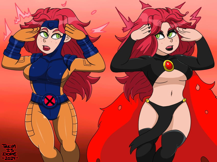 2024 2girls clones dopeisnukat female female_only freckles goblin_queen_(x-men) green_eyes human human_only jean_grey madelyne_pryor marvel marvel_comics multiple_girls red_hair sfw superhero_costume superheroine underboob x-men x-men:_the_animated_series x-men_97