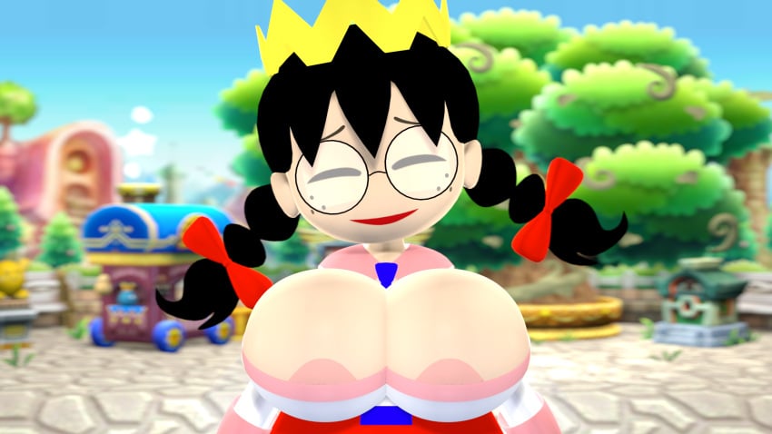 1girls 3d big_breasts black_hair breasts cleavage closed_eyes clothing crown cute fairy female female_focus freckles glasses hair_ribbon kirby_(series) kirby_64:_the_crystal_shards large_breasts nintendo nipple_slip queen_ripple sfm smile solo source_filmmaker tagme twin_braids weirdodotinc