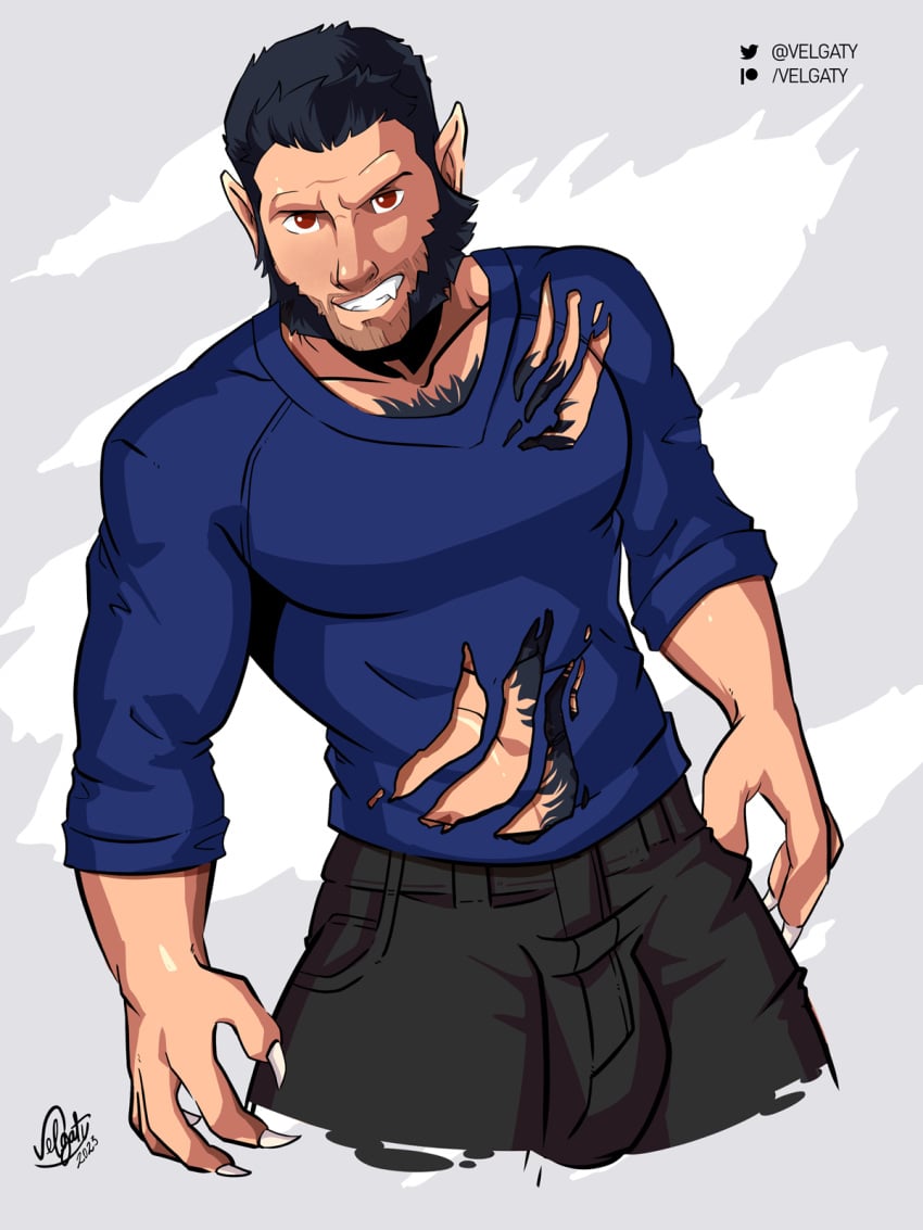 1boy bara beard bulge clothing derek_hale hairy_chest looking_at_viewer male male_only muscular_male penis_outline ripped_clothing teen_wolf tight_clothing velgaty werewolf