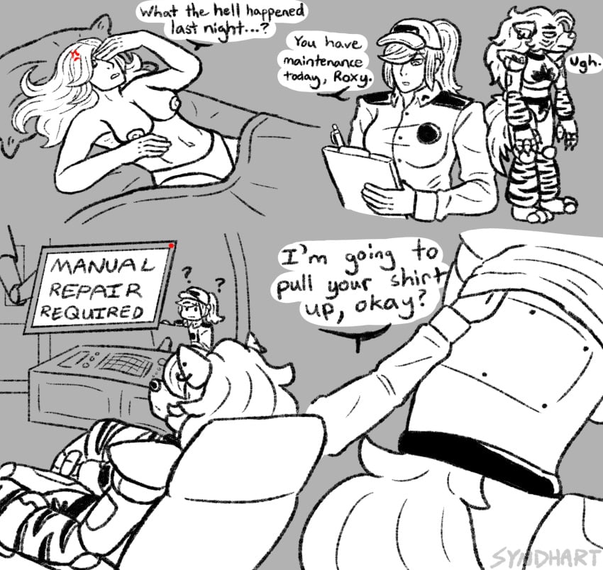 2022 animatronic anthro assisted_exposure bed breasts canid canine canis clothed clothing comic dialogue digital_media_(artwork) duo ellipsis english_text female female/female five_nights_at_freddy's five_nights_at_freddy's:_security_breach furniture hat headgear headwear hi_res human human_on_anthro interspecies machine mammal nipples partially_clothed question_mark questioning_ellipsis robot roxanne_wolf_(fnaf) scottgames size_difference steel_wool_studios syndhart text undressing uniform vanessa_(fnaf) wolf