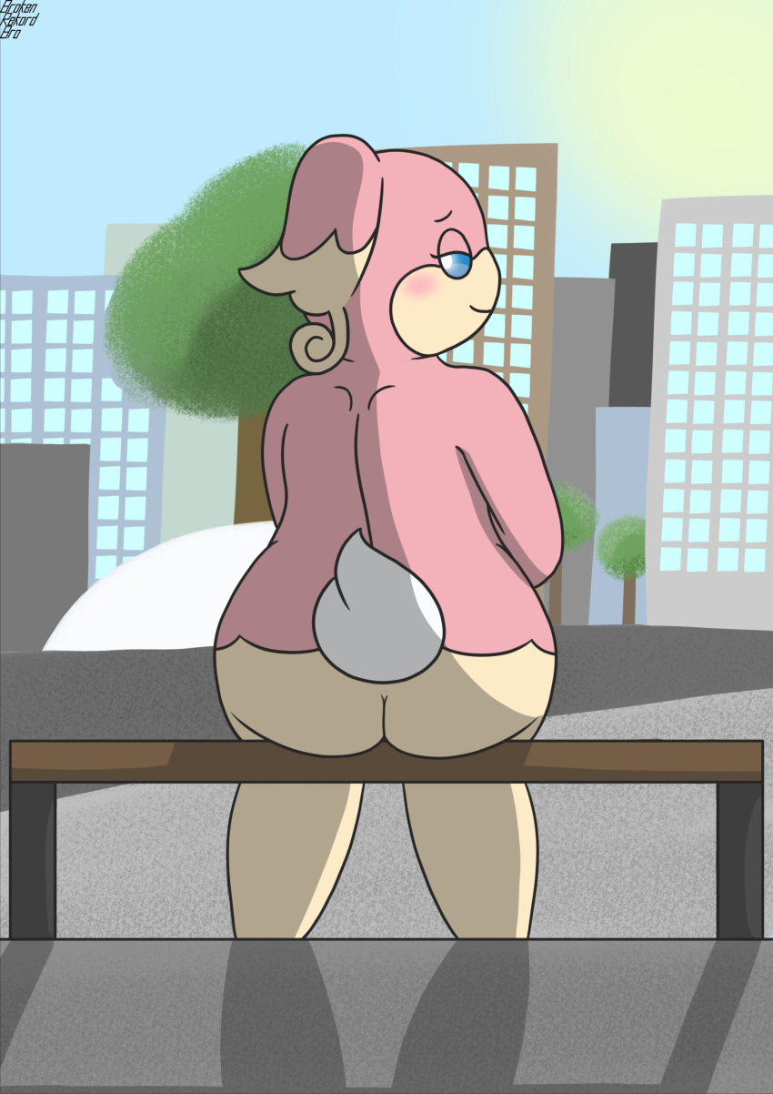 ass ass_focus audino back_view big_ass blue_eyes blush brokenrekordbro exhibitionism humanoid looking_at_viewer outdoors pink_fur pokémon_(species) pokemon shadow sitting sitting_on_bench smile tagme tail_tuft tree