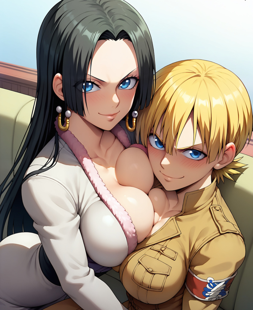 2girls ai_generated black_hair blonde_hair blue_eyes boa_hancock breast_press chest_press crossover female female_focus female_only hellsing hjqjjwbeb looking_at_viewer one_piece seras_victoria