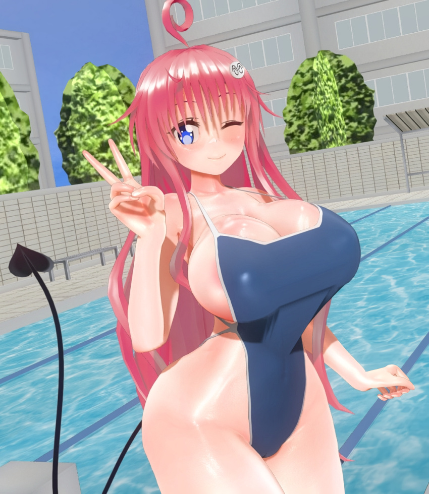 1girls demon_tail huge_breasts lala_satalin_deviluke lumen_milkstein pink_hair school_swimsuit tagme to_love-ru v wink