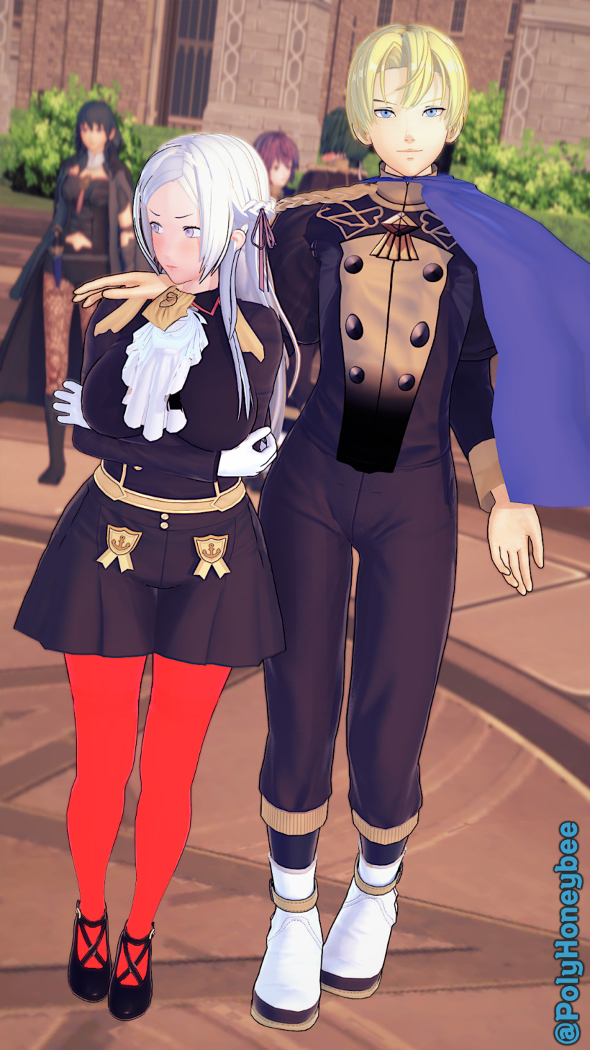 2boys 3d 3girls arm_around_shoulders bernadetta_von_varley black_eyes blonde_hair blue_eyes byleth_(fire_emblem) byleth_(fire_emblem)_(female) dimitri_alexandre_blaiddyd edelgard_von_hresvelg embarrassed female fire_emblem fire_emblem:_three_houses frown garreg_mach_monastery_uniform green_hair grey_eyes leggings linhardt_von_hevring long_hair looking_at_viewer looking_away male medium_hair multiple_boys multiple_girls nintendo outdoors pantyhose poly_(artist) purple_eyes purple_hair smile teal_hair white_hair