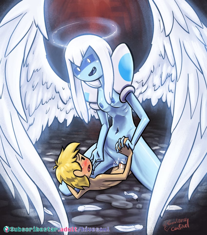 1boy 1girls adventure_time angel bangs blonde_hair blue_nipples blue_skin blushing boobs breasts cartoon_network cowgirl_position fangs female_on_top finn_the_human guardian_angel_(adventure_time) halo larger_female long_hair medium_breasts nipples pauldrons penetration penis pussy pussy_juice soulcentinel tits vagina vaginal vaginal_penetration vaginal_sex white_hair white_wings wings