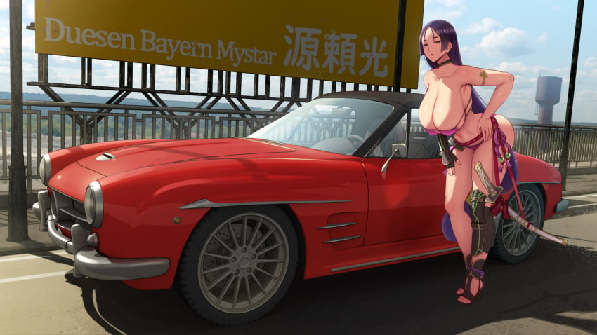 abubu bikini breasts car choker eyepatch_bikini fate/grand_order fate_(series) female ground_vehicle high_heels highres katana large_breasts long_hair mercedes-benz mercedes-benz_190sl midriff minamoto_no_raikou_(fate) minamoto_no_raikou_(fate/grand_order) minamoto_no_raikou_(swimsuit_lancer) minamoto_no_raikou_(swimsuit_lancer)_(fate) motor_vehicle navel pink_bikini road shin_guards swimsuit sword very_long_hair weapon