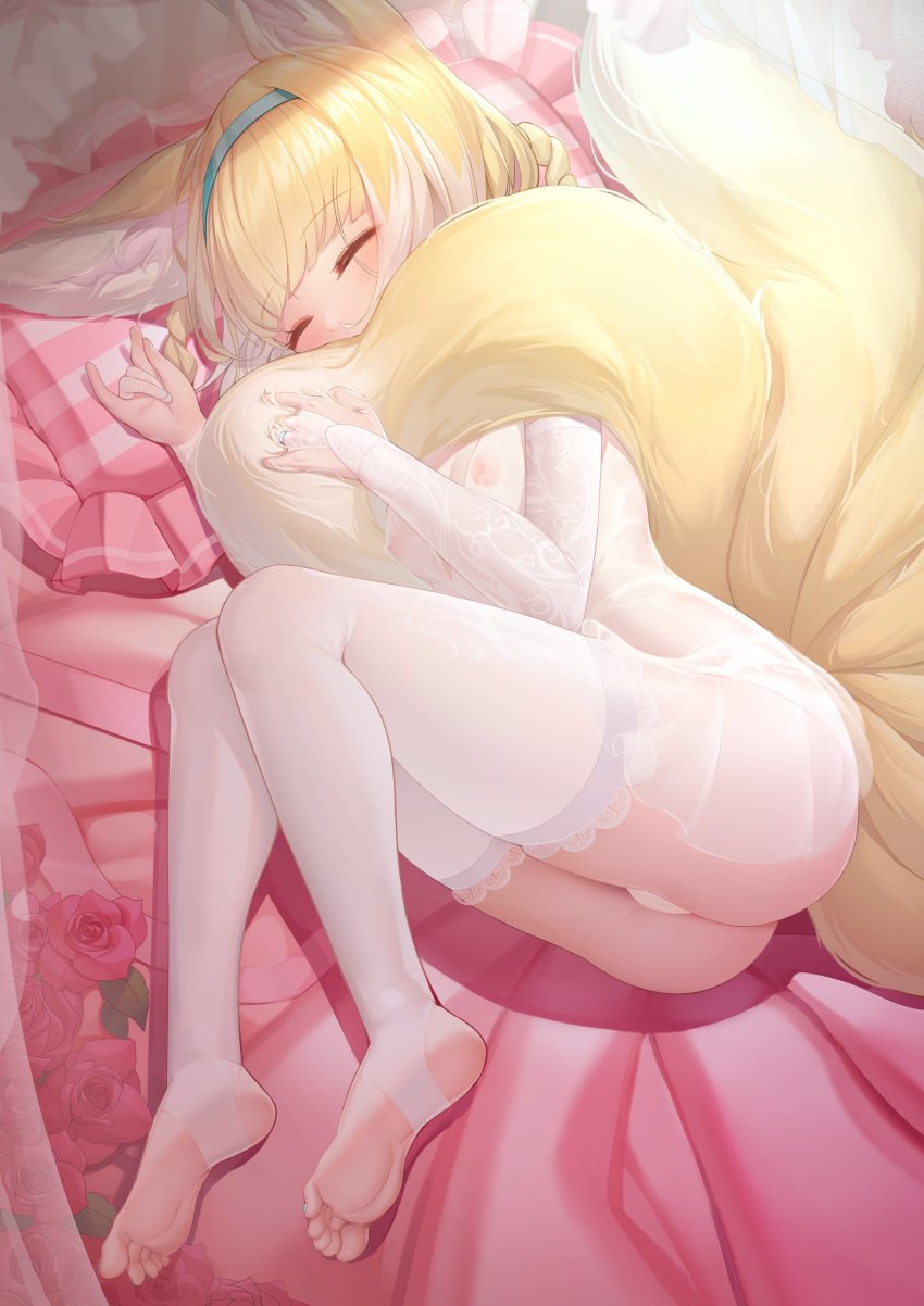 absurdres animal_ear_fluff animal_ears arknights blue_hairband cross_section feet female fox_ears fox_girl fox_tail hairband highres kyuubi legs multiple_tails nipples no_bra panties see-through sleeping smlltb soles suzuran_(arknights) tail thighhighs thighs toes underwear white_legwear white_panties