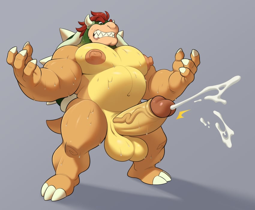 2022 analon_(artist) anthro balls belly big_balls big_belly big_muscles big_nipples big_penis bodily_fluids bowser claws clenched_teeth cum cumshot ejaculation eyebrows foreskin genital_fluids genitals grey_background hair hi_res horn huge_balls huge_cock humanoid_genitalia humanoid_penis koopa male male_only mario_(series) muscular muscular_anthro muscular_male navel nintendo nipples non-mammal_balls non-mammal_nipples nude pecs penis scalie shadow shell simple_background solo spiked_shell spikes spikes_(anatomy) standing sweat sweaty_balls sweaty_genitalia sweaty_penis teeth thick_penis thick_thighs toomanyboners vein video_games wet wet_body