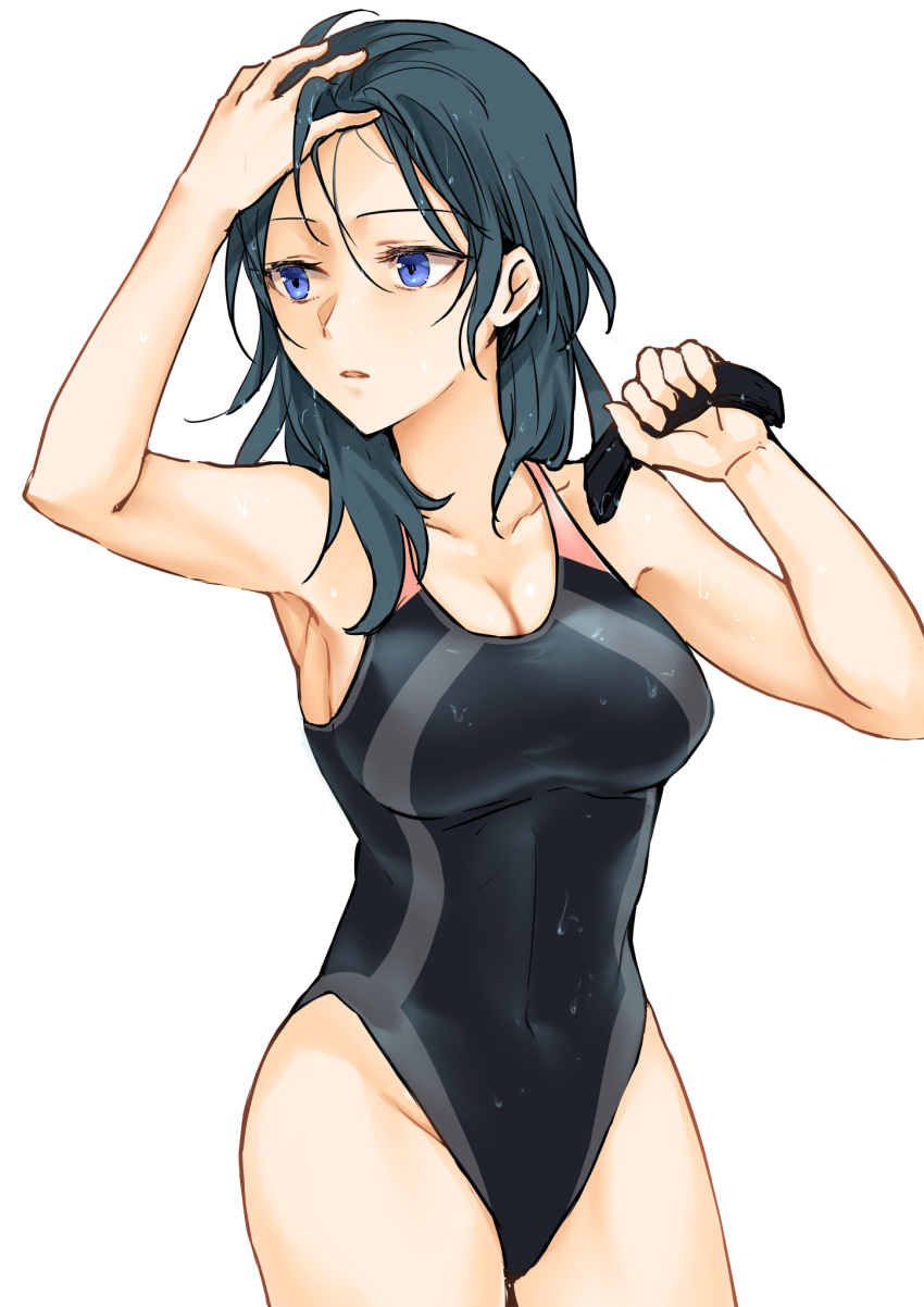 1girls alternate_costume arm_up armpits bare_arms bare_shoulders black_hair black_swimsuit blue_hair breasts byleth_(fire_emblem) byleth_(fire_emblem)_(female) cleavage collarbone commentary competition_swimsuit covered_navel cowboy_shot female female female_only fire_emblem fire_emblem:_three_houses fukuroumori hand_in_own_hair highres holding large_breasts long_hair looking_away looking_to_the_side medium_breasts medium_hair nintendo one-piece_swimsuit parted_lips solo swimsuit teal_hair water_drop wet wet_clothes wet_hair wet_swimsuit