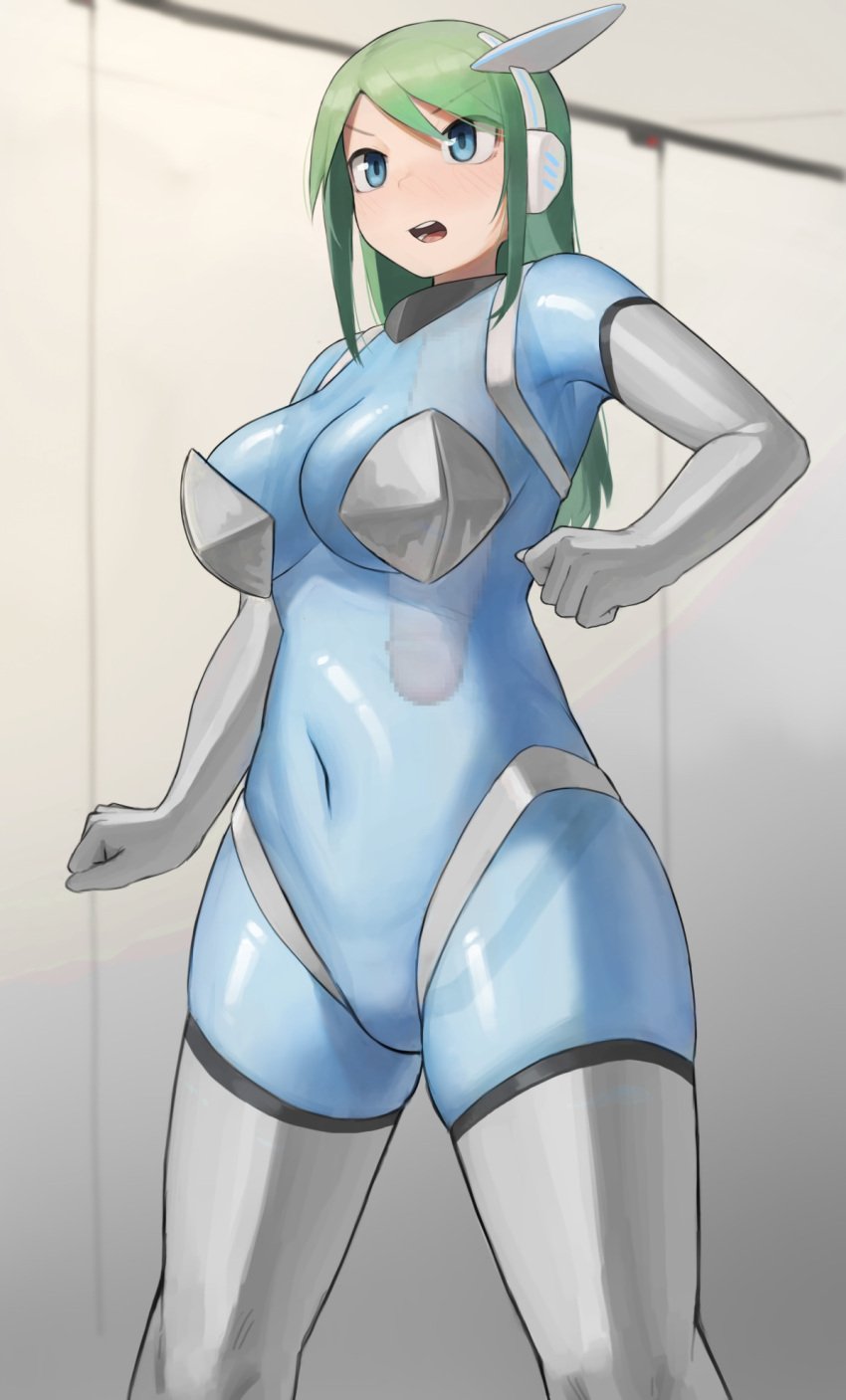 1futa bangs blue_eyes blue_skin blurry blurry_background blush breasts censored character_request cleavage clenched_hands colored_skin commentary_request copyright_request elbow_gloves eyebrows_visible_through_hair feet_out_of_frame futanari gloves green_hair hair_between_eyes herm hermaphrodite highres intersex long_hair looking_away monophallia mosaic_censoring multi_genitalia navel no_pussy open_mouth oruka_(kamituki0827) penis penis_neck pussy pussy_neck sidelocks solo thick_thighs thighhighs thighs translucent_skin unusual_genitalia_placement unusual_penis_placement unusual_pussy_placement