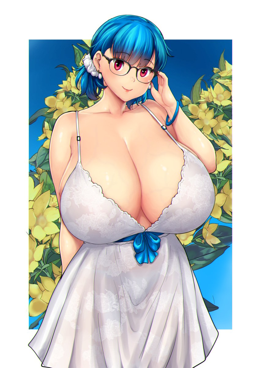 1girls adjusting_eyewear adjusting_glasses arm_behind_back bakunyuu bangs bare_shoulders black-framed_eyewear black-framed_glasses black_frame_glasses blue_bracelet blue_hair blue_panties blue_sky blue_underwear border bracelet breasts bursting_breasts cleavage collarbone covering_breasts dress earrings enormous_breasts errorkazoo eyebrows_visible_through_hair eyeglasses eyewear female_focus female_only floral_background flower framed_eyewear fully_clothed glasses hair_behind_ear hair_ornament hair_scrunchie head_tilt high_resolution highres holding holding_eyewear huge_breasts jewelry looking_at_viewer massive_breasts original original_character outdoors panties panties_visible_through_clothing parted_lips petals plant red_eyes rina_atherina rina_atherina_(errorkazoo) scrunchie see-through see-through_clothing see-through_dress shiny shiny_eyes shiny_hair shiny_lips shiny_skin single_female single_girl sky smile smiling_at_viewer solo solo_female strap_dress top_heavy_breasts twintails underwear voluptuous white_border white_dress white_earrings white_hair_ornament white_scrunchie