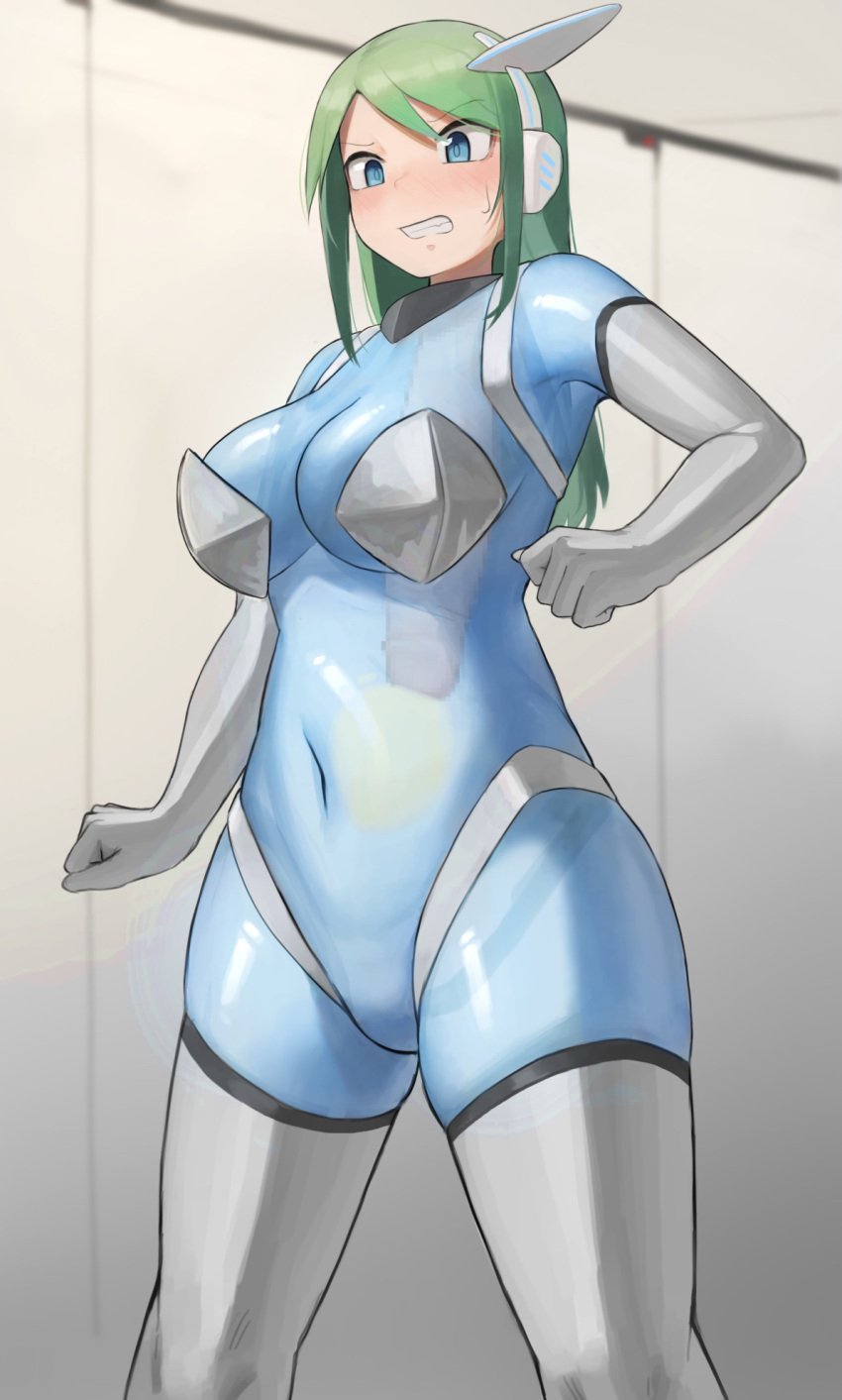 1futa auto_internal_cumshot bangs blue_eyes blue_skin blurry blurry_background blush breasts censored cleavage clenched_hands clenched_teeth colored_skin commentary_request cum ejaculation elbow_gloves eyebrows_visible_through_hair feet_out_of_frame futanari gloves green_hair hair_between_eyes headgear herm hermaphrodite highres intersex long_hair looking_away monophallia mosaic_censoring multi_genitalia navel no_pussy open_mouth original oruka_(kamituki0827) penis penis_neck pussy pussy_neck sidelocks solo teeth thick_thighs thighhighs thighs translucent_skin unusual_genitalia_placement unusual_penis_placement unusual_pussy_placement