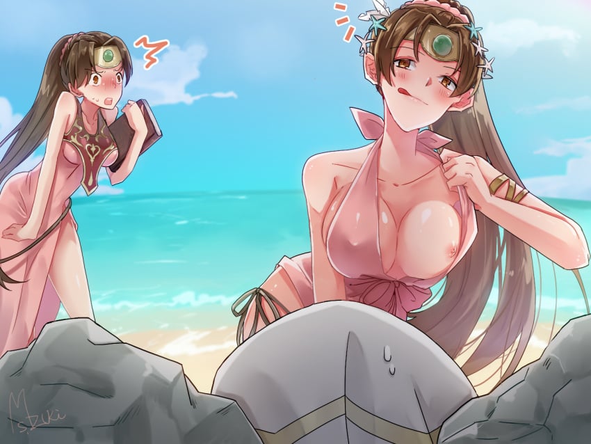 bangs bare_shoulders beach bikini blush book breasts brown_hair fire_emblem fire_emblem:_mystery_of_the_emblem fire_emblem:_shadow_dragon_and_the_blade_of_light fire_emblem_heroes flashing genderswap_(mtf) holding holding_book kiran_(fire_emblem) large_breasts licking_lips linde_(fire_emblem) long_hair looking_at_viewer nipples official_alternate_costume omizu_(mimisyumikan) open_mouth outdoors pink_bikini ponytail rock rule_63 swimsuit tongue tongue_out xane_(fire_emblem)