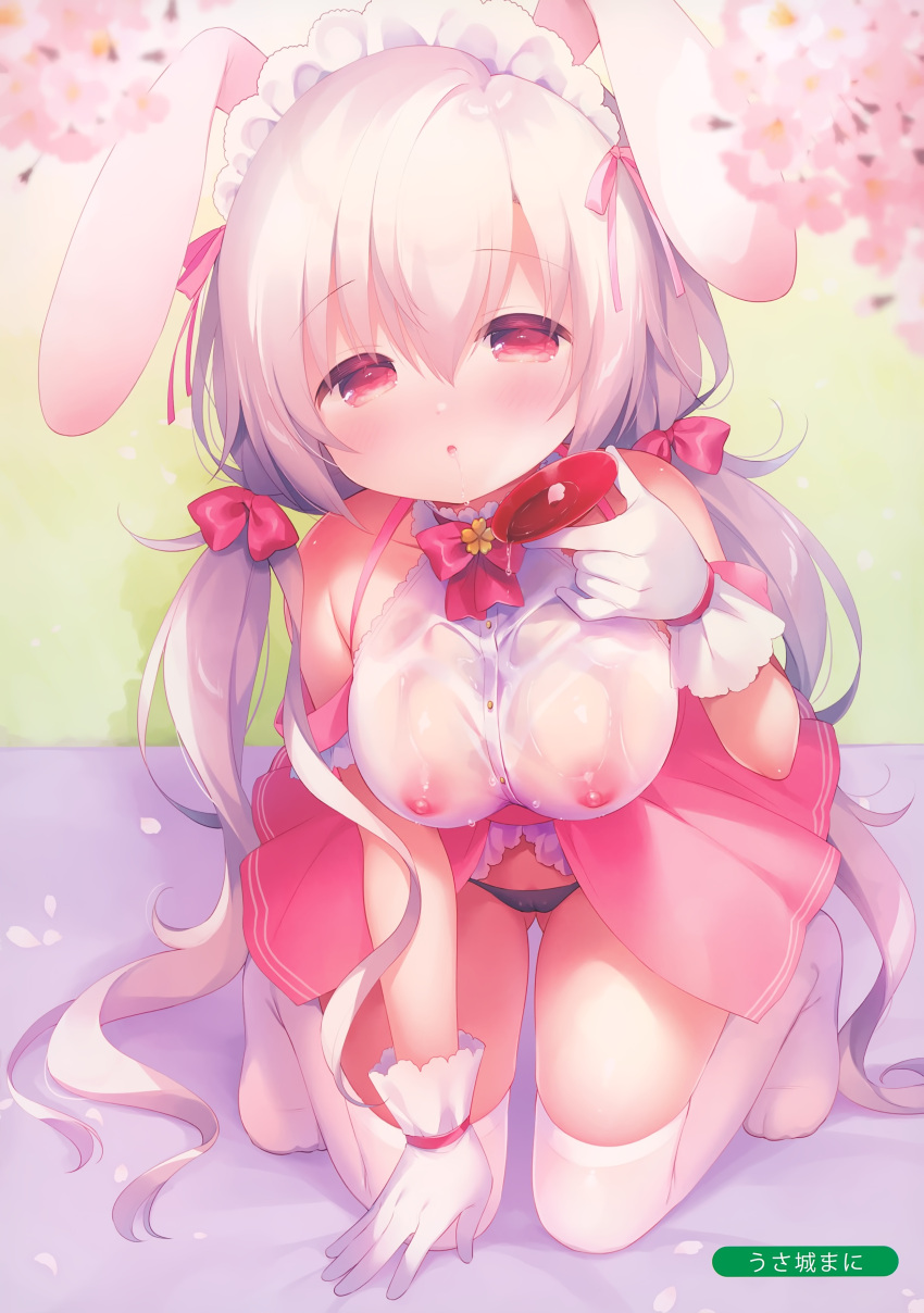 1girls bangs black_panties breasts flower gloves highres huge_breasts large_breasts legwear long_hair looking_at_viewer melonbooks nipples no_bra original panties pink_dress rabbit_ears see-through sitting solo thighhighs usashiro_mani very_long_hair white_gloves white_hair white_legwear white_socks