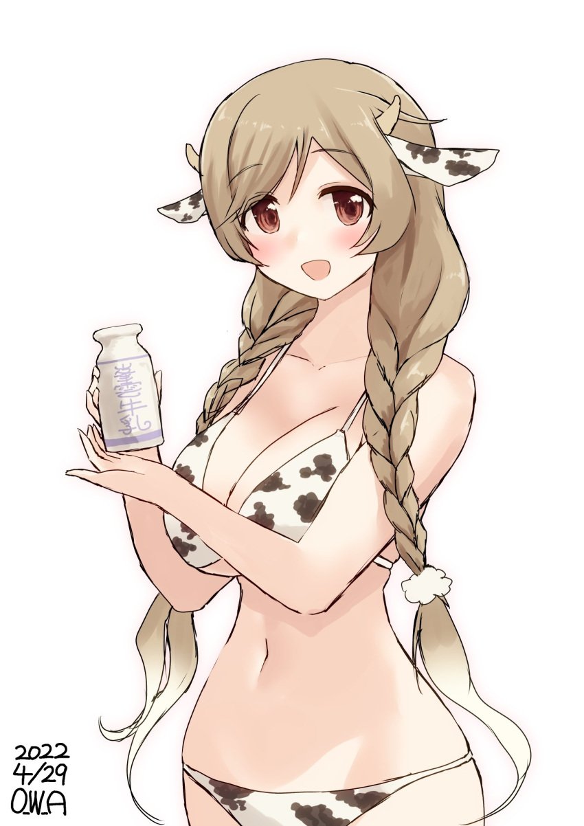 animal_ears animal_print artist_name bikini bottle braid breasts cloud_hair_ornament commentary_request cow_ears cow_horns cow_print cowboy_shot dated fake_animal_ears fake_horns female gradient_hair highres horns kantai_collection large_breasts light_brown_hair long_hair low_twin_braids milk_bottle minegumo_(kantai_collection) multicolored_hair one-hour_drawing_challenge owa_(ishtail) red_eyes solo swimsuit twin_braids white_bikini