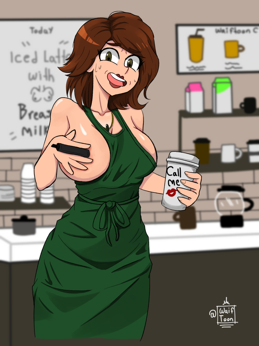 1girls apron big_breasts big_hero_6 cass_hamada disney exposed_breasts female female_only iced_latte_with_breast_milk marvel marvel_comics mature mature_female meme milf naked_apron solo starbucks waiftoon