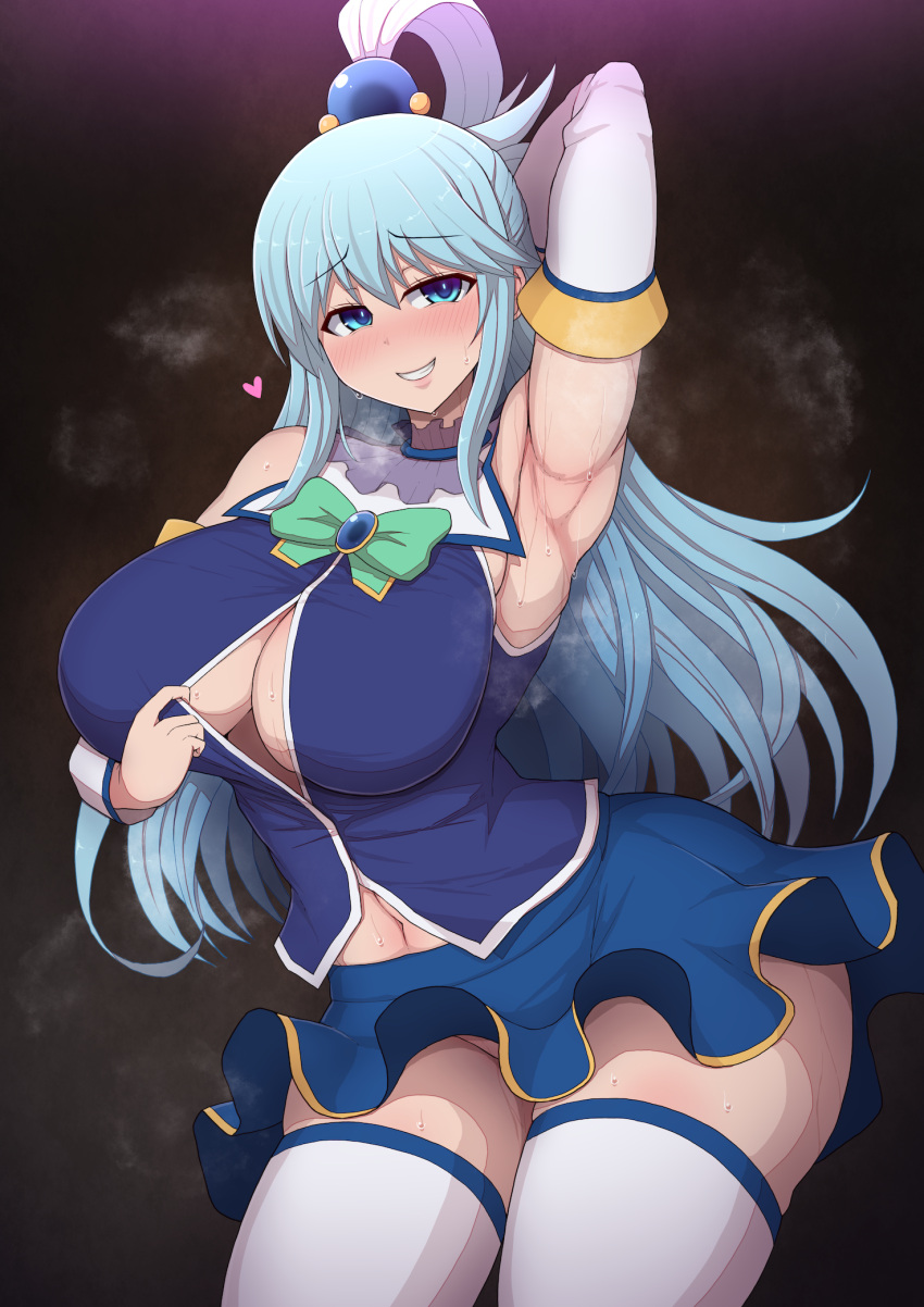 1girls 2022 aqua_(konosuba) arm_behind_head arm_up armpits blue_eyes blue_hair blush breasts cleavage clothed clothed_female detached_sleeves female female_only happy hi_res hips huge_breasts kono_subarashii_sekai_ni_shukufuku_wo! long_hair looking_at_viewer miniskirt naughty_face no_panties ponpo ponytail short_skirt skirt slim_waist smiling solo_focus steam steaming_body sweat sweaty_body teasing teasing_viewer thick_thighs thighhighs thighs uncensored white_legwear white_stockings wide_hips