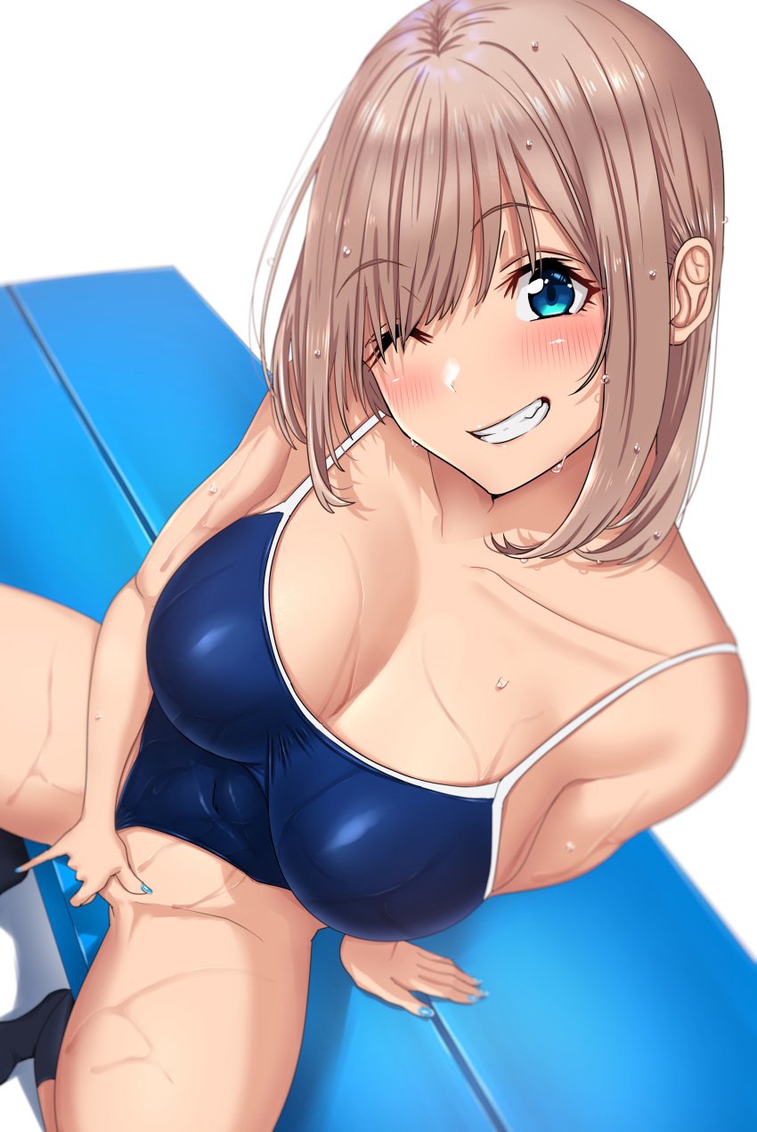 ;d absurdres bangs bare_shoulders bench black_legwear blue_eyes blue_nails blue_swimsuit blush bouhatei_(t-back) breasts cleavage collarbone competition_school_swimsuit eyebrows_visible_through_hair female fingering from_above grin head_tilt highres large_breasts looking_at_viewer looking_up male_swimwear masturbation nail_polish one_eye_closed original panties short_hair simple_background sitting smile socks solo spread_legs swim_trunks swimsuit teeth underwear wet wet_clothes wet_hair wet_panties white_background