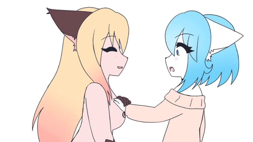 2girls animal_ears animation_meme_community anthro blush edit fox_girl fully_clothed fully_clothed_anthro grabbing_hand luna_(wolfychu) multiple_girls nude_female surprised_expression tagme touching_breast virtual_youtuber wolf_girl wolfychu yuri