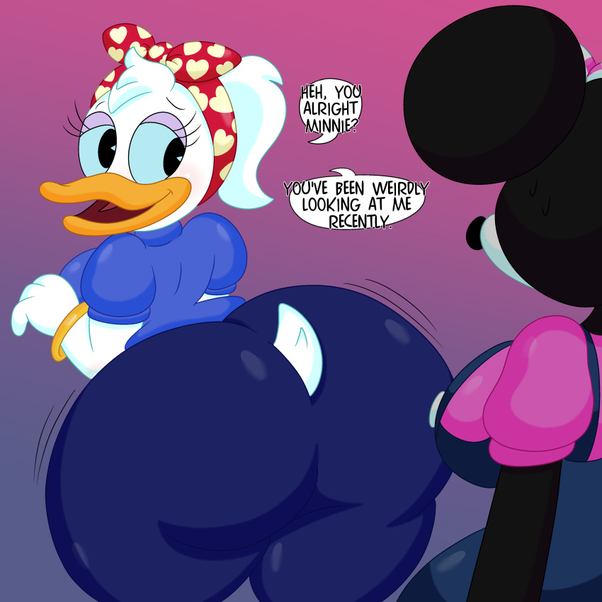 1:1 2020 2girls 3barts absurd_res alternate_costume anatid anseriform anthro ass avian beak big_ass big_breasts big_butt bird black_body black_fur blue_sclera bouncing_butt bracelet breasts butt_jiggle clothing curvaceous curvy curvy_body curvy_female curvy_figure daisy_duck dialogue digital_media_(artwork) disney duck duo english_text eyelashes eyeshadow feathers female female/female female_focus female_only fingers fur hair hi_res hourglass_figure huge_ass huge_breasts huge_butt jewelry jiggling looking_back makeup mammal mickey_and_the_roadster_racers minnie_mouse mouse multicolored_body multicolored_fur murid murine overalls pink_background rodent shirt simple_background simple_eyes sitting smile soft_feathers standing text thick_thighs tongue topwear two_tone_body two_tone_fur voluptuous white_body white_feathers white_fur white_hair wide_hips