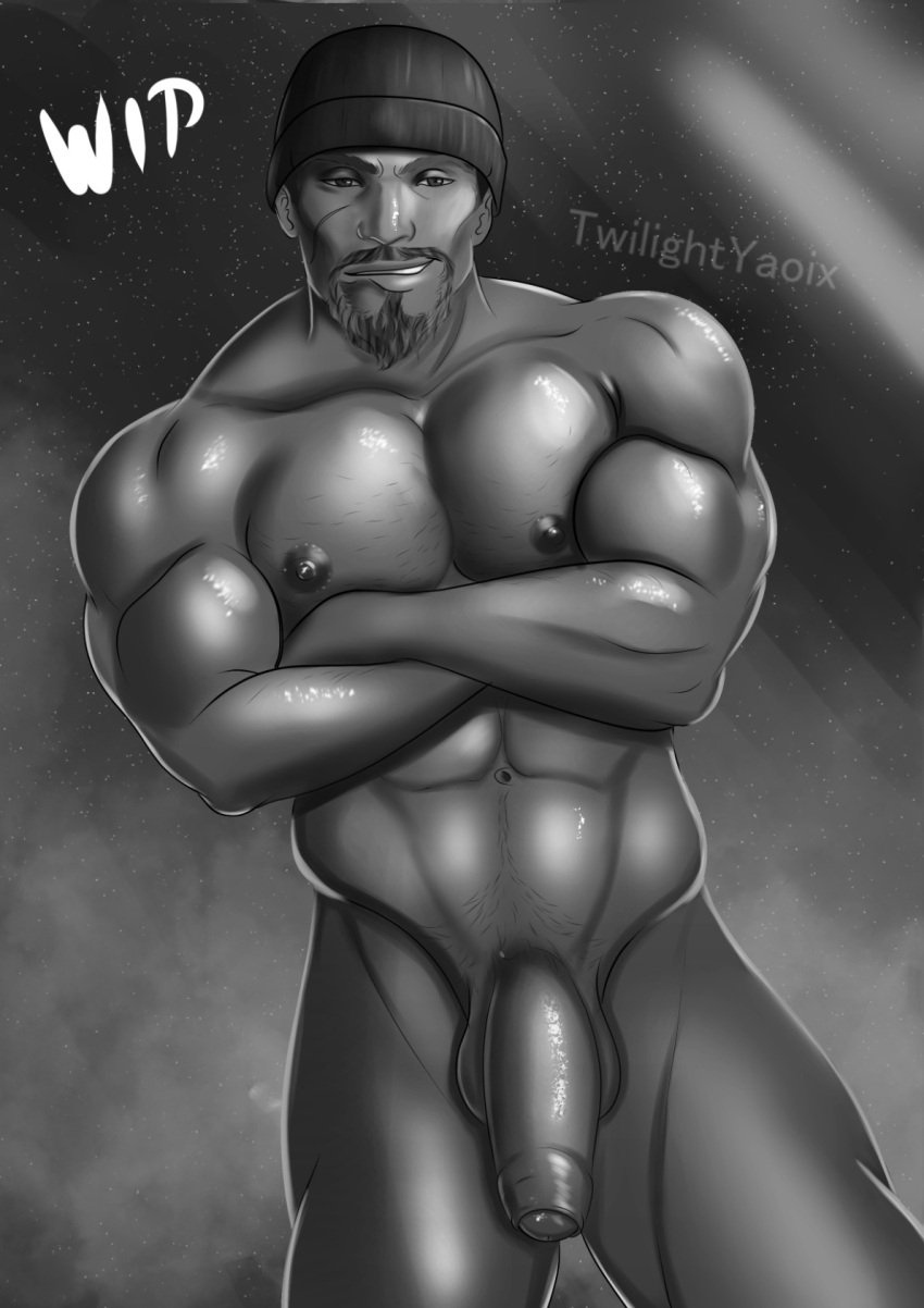 abs arms_crossed beanie beard biceps gabriel_reyes juhanart male_focus male_only muscular_male naked oiled overwatch pecs penis reaper seductive_look seductive_smile solo solo_male testicles