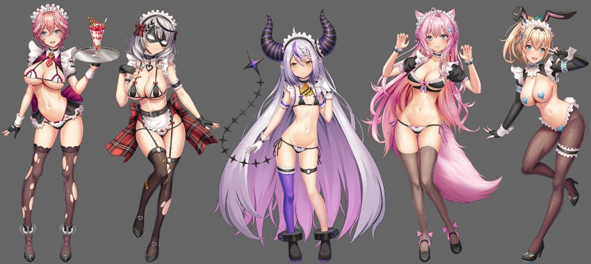 5girls :d alternate_costume bikini black_bikini black_footwear black_gloves black_legwear blonde_hair blue_eyes blush breasts choker cleavage covered_erect_nipples elbow_gloves enmaided fingerless_gloves fishnet_legwear fishnets frills full_body garter_straps gloves grey_background grin hair_between_eyes hakui_koyori head_wings high_heels highres hololive hololive_japan holox horns kazama_iroha la+_darknesss large_breasts long_hair looking_at_viewer maebari maid maid_headdress mask meme_attire micro_bikini multiple_girls nail_polish navel necktie open_mouth parfait pasties paw_pose pink_hair pink_nails ponytail purple_hair purple_legwear red_nails reverse_bunnysuit reverse_outfit sakamata_chloe short_hair silver_hair simple_background single_thighhigh small_breasts smile swimsuit takane_lui tako_seijin teeth thigh_gap thighhighs torn_clothes torn_legwear v very_long_hair virtual_youtuber white_bikini white_gloves wrist_cuffs yellow_eyes