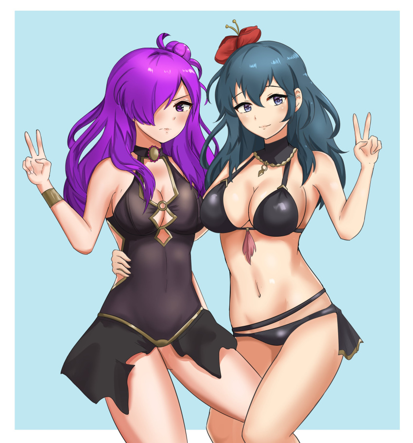 2girls alternate_costume bikini black_bikini black_swimsuit blue_eyes blue_hair breasts byleth_(fire_emblem) byleth_(fire_emblem)_(female) female female_only fire_emblem fire_emblem:_three_houses fire_emblem_heroes fire_emblem_warriors fire_emblem_warriors:_three_hopes hair_over_one_eye long_hair multiple_girls nintendo official_alternate_costume one-piece_swimsuit purple_eyes purple_hair shez_(female)_(fire_emblem) shez_(fire_emblem) smile swimsuit teal_hair v zipperqr