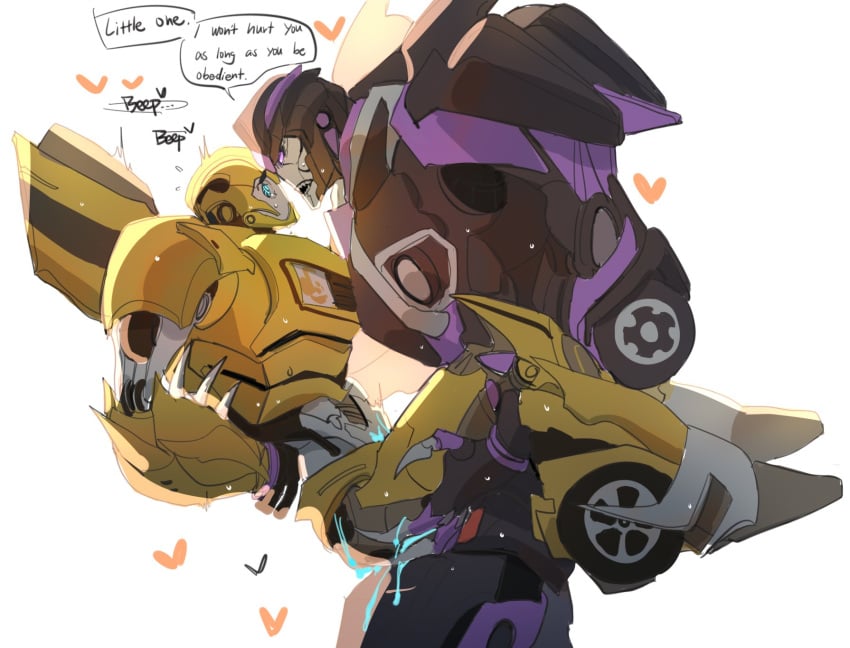 ambiguous_penetration barricade_(transformers) bondage bumblebee_(transformers) carrying dialogue english_text eye_contact gay handcuffed handcuffs looking_at_partner robot text transformers transformers_prime