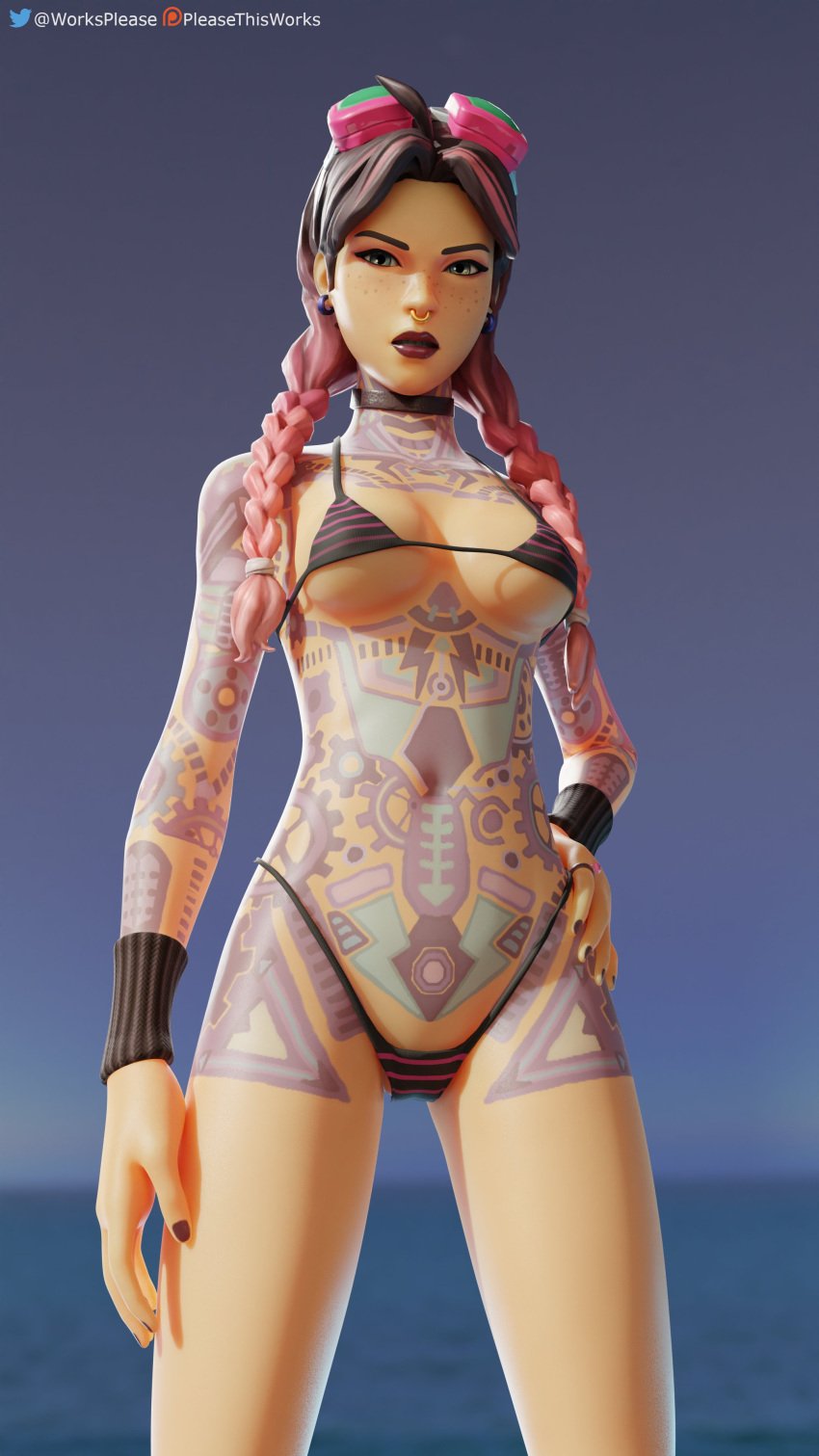 1girls 3d beach_jules bikini bikini_top black_nails blender female fingernails fortnite goggles goggles_on_head jules_(fortnite) light-skinned_female light_skin looking_at_viewer nail_polish pleasethisworks solo tattoo tattoos watermark