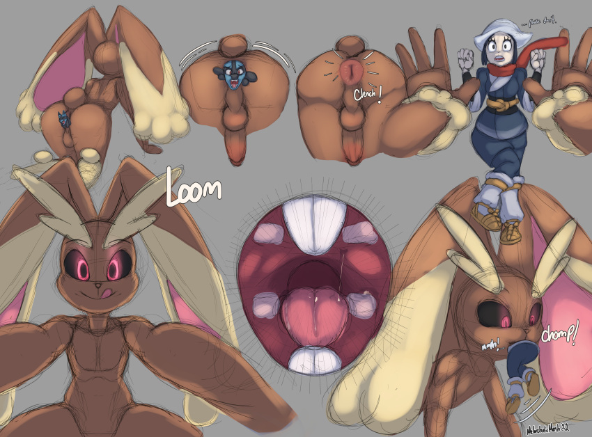 absurd_res akari_(pokemon) anal anal_vore anthro canid canine canis female group head_looking_out hi_res human jackal lagomorph leporid lopunny lucario male male/female mammal melancholicmash mouth_shot nintendo open_mouth pokemon pokemon_(species) pokemon_legends:_arceus rabbit size_difference video_games vore