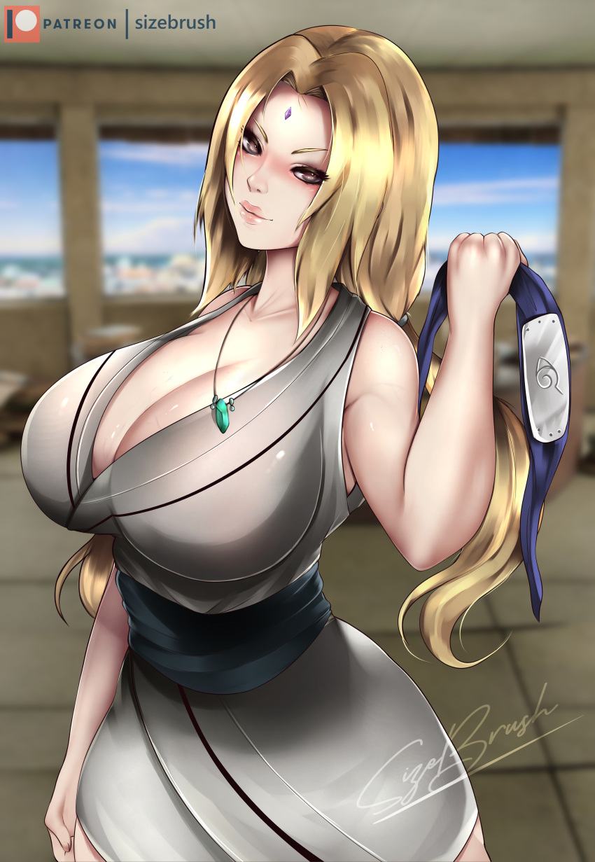 1girls bare_legs bare_shoulders bare_thighs bent_arm big_breasts blonde_hair bottomless breasts breasts_bigger_than_head cleavage crystal facial_mark female female_only forehead_mark forehead_protector fully_clothed headband headband_removed hokage hokage_office holding_object hourglass_figure huge_breasts indoors jewelry konohagakure_symbol large_breasts lipstick makeup mature mature_female mature_woman naruto naruto_(series) naruto_shippuden necklace no_panties no_pants obi partially_clothed sash sizebrush sleeveless solo solo_focus tsunade very_long_hair voluptuous wide_hips