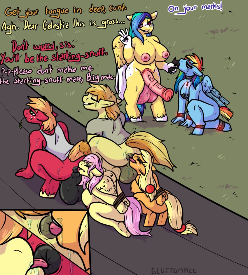 absurdres anal anthro anus applejack_(mlp) big_macintosh_(mlp) black_anus black_testicles bound english_text equid equine eyebrows feathers female fluttershy_(mlp) friendship_is_magic fur furry futanari genitals gluttonace grass group gun gun_in_mouth hands_tied hasbro highres hooves imminent_death male mammal markings my_little_pony nipples oral pegasus penis pink_nipples pink_penis pink_testicles pink_tongue plant rainbow_dash_(mlp) ranged_weapon rimming rope sex shirt smooth_skin straight tan_anus tan_testicles testicles text tongue tongue_out topwear vein veiny_penis weapon white_hooves whitekitten wings yellow_hooves