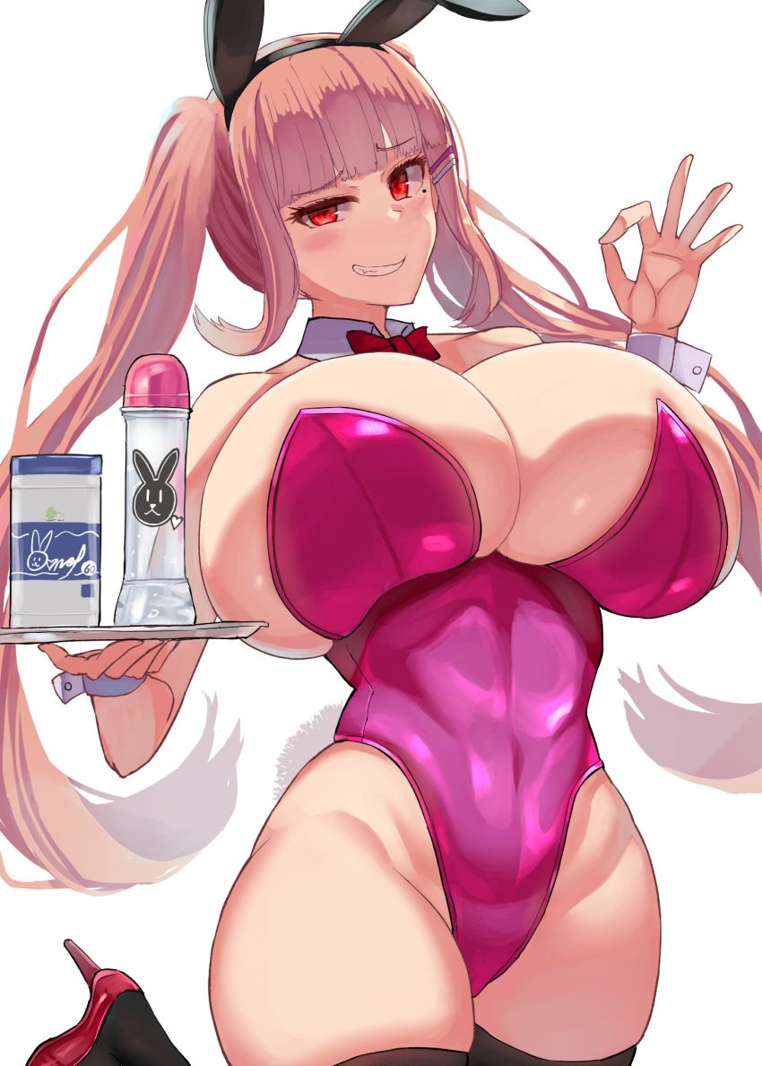 1girls big_breasts blush bow bowtie breasts_bigger_than_head bunny bunny_costume bunny_ears bunny_girl bunny_tail bunnysuit cleavage deep_cleavage eyebrows_raised facominn grin hair_clips hairclip heels high_heels huge_breasts light-skinned_female light_skin long_hair looking_at_viewer lube lube_bottle massive_breasts monet_(facominn) ok_sign okay_sign original peach_hair platter playboy_bunny red_eyes revealing revealing_clothes shoes smug smug_expression smug_face smug_grin smug_smile snaggle_tooth snaggletooth stockings thick thick_thighs thighhighs tray tummy twintails