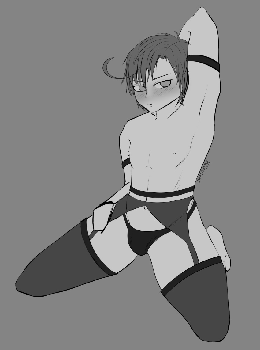 axis_powers_hetalia bare_chest black_and_white blush crossdressing kiiroichi kneeling lingerie lovino_vargas male_in_lingerie male_only monochrome nipples pout romano_(hetalia) sketch solo solo_male stockings thong