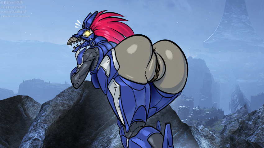 1girls 2022 alien anthro anus armor ass ass_up avian bent_over big_butt borisalien butt digital_media_(artwork) female female_kig-yar genitals hair halo_(series) hi_res kig-yar looking_back microsoft presenting presenting_pussy pussy red_hair scalie solo surprised_expression video_games wide_hips xbox_game_studios