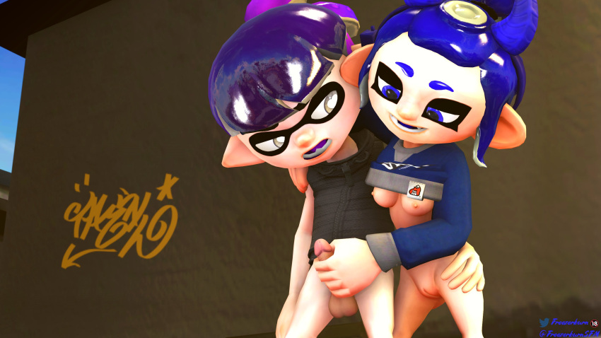 1boy 1girls 3d balls blue_eyes blue_hair breasts clothing dev_(freezerburn) female femdom freezerburnsfm from_behind hand_on_breast handjob heart-shaped_pupils inkling inkling_boy male nintendo nipples octoling octoling_girl penis purple_hair seductive_eyes seductive_look sfm source_filmmaker splatoon splatoon_2 vagina