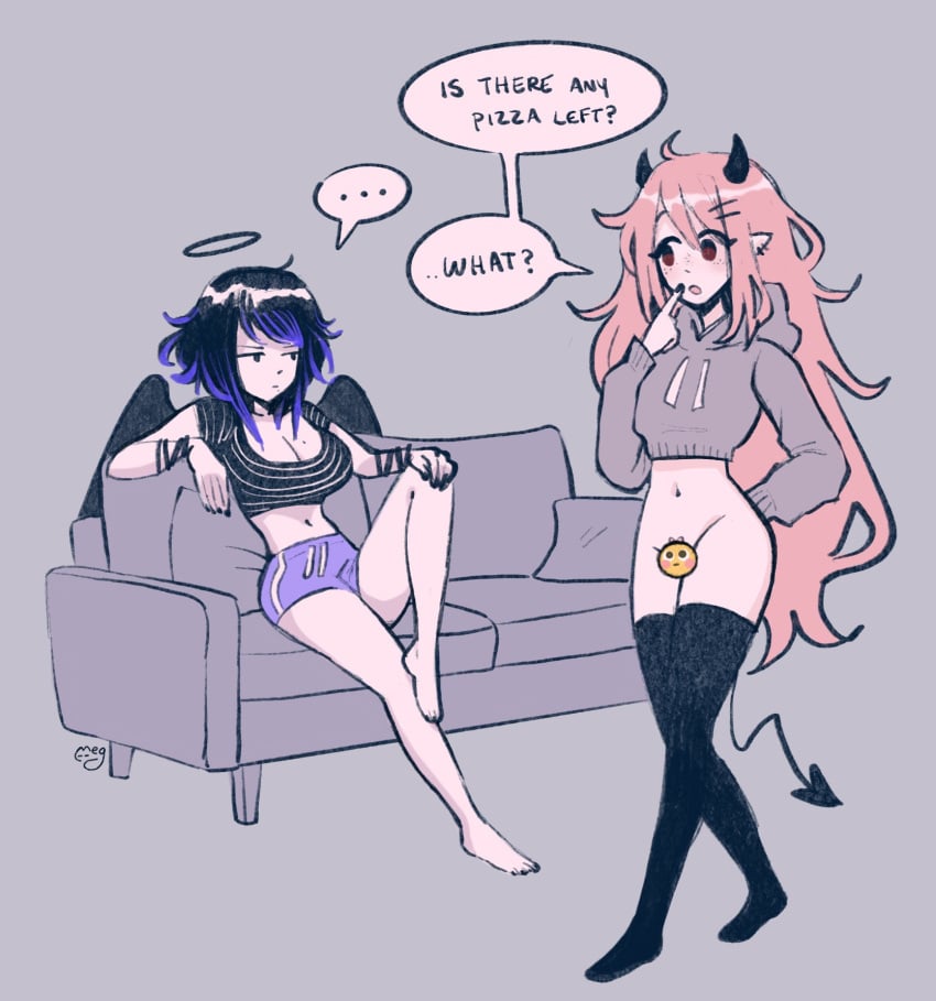 ... 2girls angel angel_and_devil black_hair black_halo black_wings blushing_emoji bottomless breasts casual casual_exposure censored couch crop_top cropped_hoodie demon demon_girl demon_tail dialogue duo emoji emoji_(race) emoji_censor exposed_pussy face_censor first_porn_of_character goth halo hoodie horns june_(megrocks) kaina_(megrocks) megrocks midriff mob_face no_panties no_pants original original_character pink_hair purple_highlights simple_background sitting speech_bubble standing succubus succubus_horns succubus_tail text wings