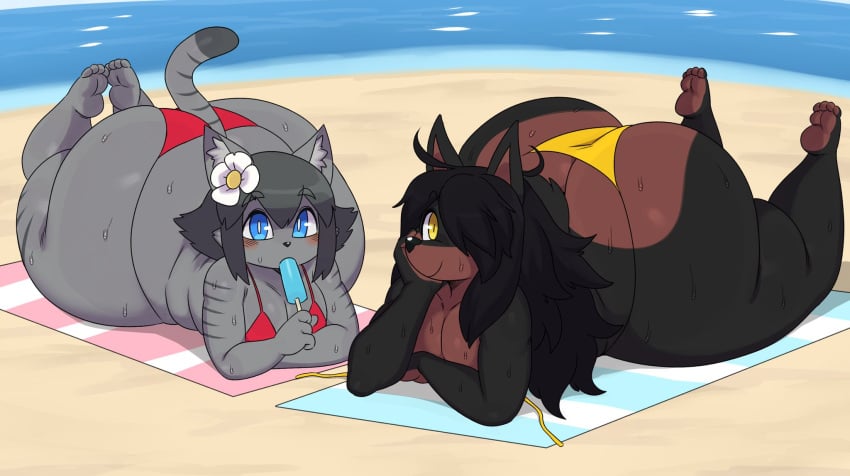 2022 accessory anthro ass_cleavage beach big_ass big_butt bikini black_hair blue_eyes blush brown_body butt butt_crack canid canine canis clothed clothing cory_(hevymin) crossdressing digital_drawing_(artwork) digital_media_(artwork) dobermann domestic_cat domestic_dog duo feet feet_up felid feline felis femboy flower flower_in_hair food fur furry gigantic_ass girly grey_body grey_fur hair hair_accessory hi_res huge_ass huge_butt hyper hyper_ass hyper_butt looking_at_viewer lucas_(sssonic2) male mammal overweight pinscher plant popsicle sand seaside skimpy smile soles sssonic2 striped_body striped_fur stripes sweat swimwear teapot_(body_type) thick_thighs toes towel water wide_hips