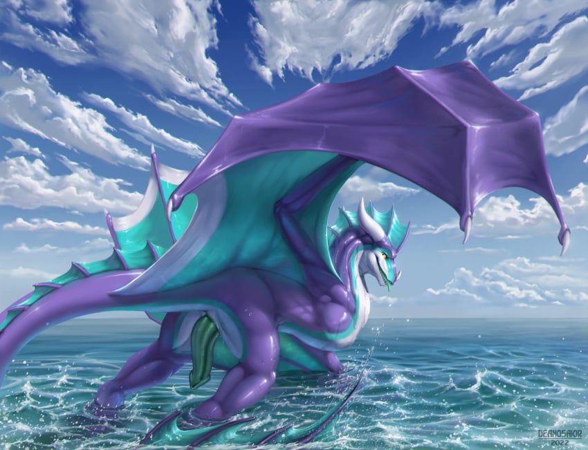 2022 aevere_(anotherpersons129) ass claws cloud day deanosaior dragon erection feral genitals hi_res horn long_neck looking_at_viewer looking_back male membrane_(anatomy) membranous_wings nude outside partially_submerged penis presenting presenting_hindquarters presenting_penis scalie sea shaded sky solo tongue water wet wing_claws wings wyvern