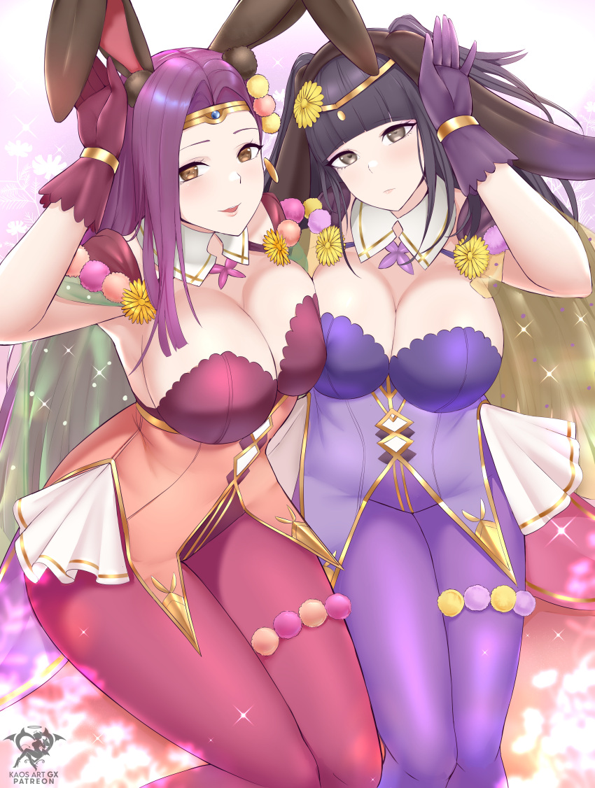 2022 2girls absurdres alternate_costume artist_logo artist_signature black_hair breasts bunny_ears bunny_girl bunny_pose bunnysuit cleavage easter female female_only fire_emblem fire_emblem_awakening fire_emblem_echoes:_shadows_of_valentia highres kaos_art large_breasts leotard looking_at_viewer nintendo official_alternate_costume pantyhose purple_hair slim_waist smile sonya_(fire_emblem) sonya_(spring)_(fire_emblem) tharja_(fire_emblem) tharja_(spring)_(fire_emblem) thick_thighs thighs wide_hips