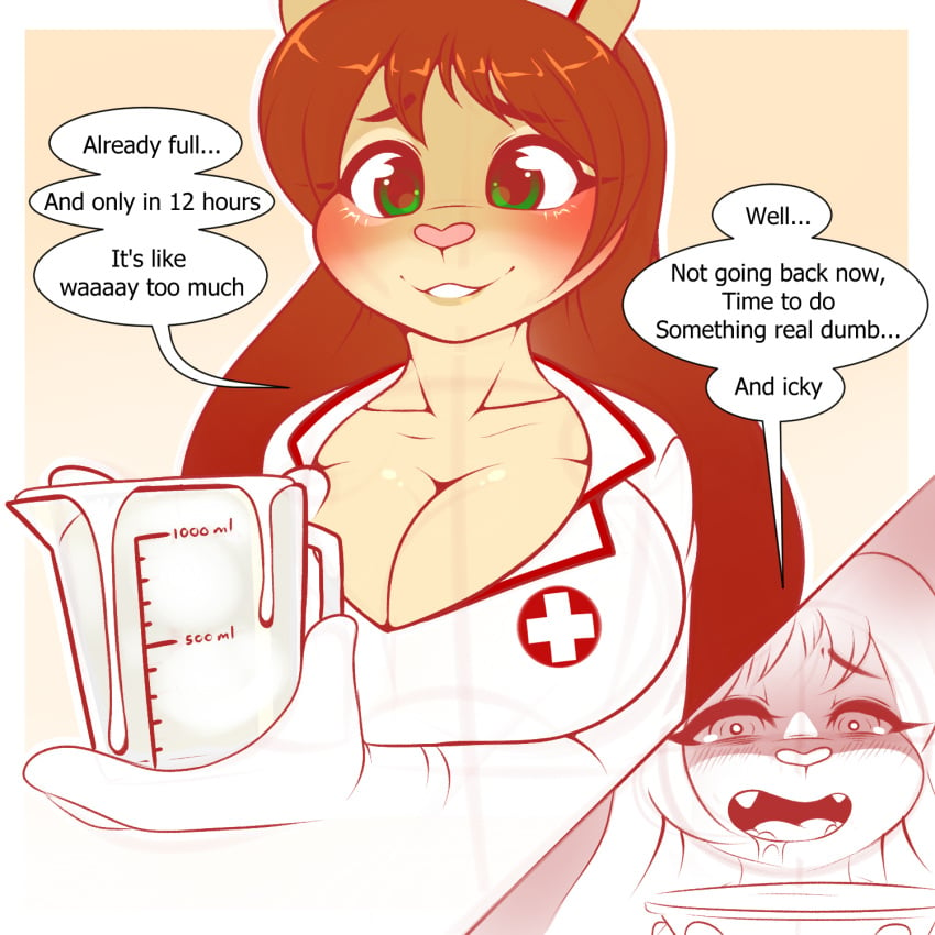 1girls anthro big_breasts blush bodily_fluids breasts cleavage clothing collecting_cum comic cum cum_in_container drooling felid female genital_fluids gloves green_eyes hi_res kloudmutt lion long_hair mammal nurse nurse_clothing nurse_uniform pantherine smile solo text uncensored uniform zipper_(character)