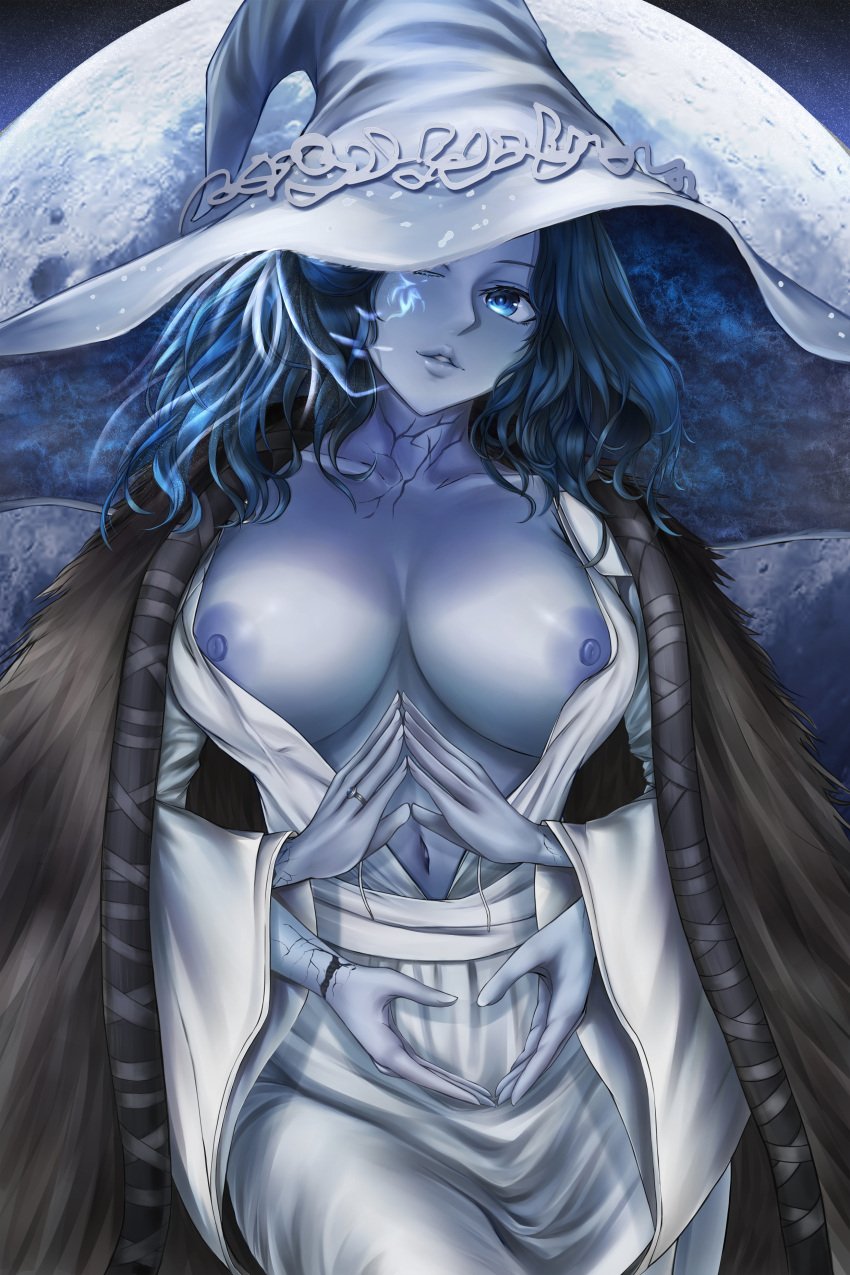 4_arms big_breasts blue_eyes blue_hair blue_skin breasts_out cape cracked_skin elden_ring fromsoftware fur_cape looking_at_viewer moon multi_arm multi_limb no_bra one_eye_closed open_clothes partially_undressed ranni_the_witch wavy_hair witch_hat ytoy