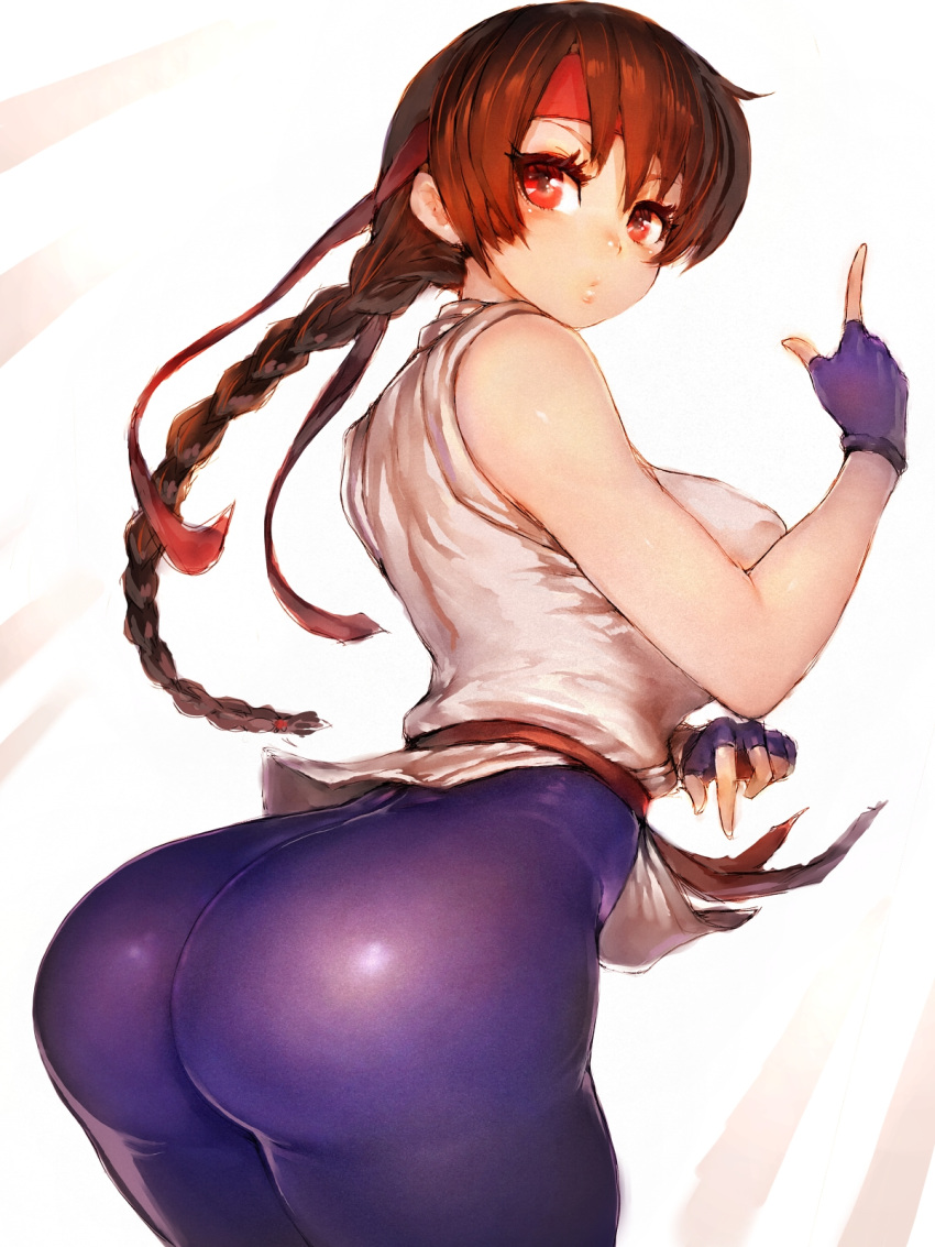 1girls ass ass_focus big_ass brown_hair female fumio_(rsqkr) king_of_fighters looking_at_viewer looking_back shiny_clothes snk solo standing thick_ass tight_clothing tight_pants yuri_sakazaki