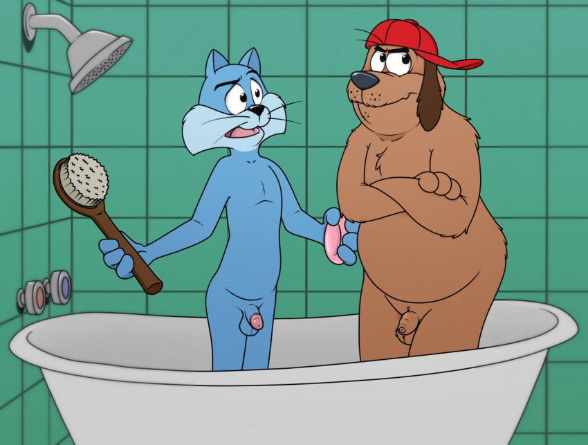 anthro baseball_cap bathing_together bathtub blue_fur brown_fur brush canine feline first_porn_of_franchise furry neenya showerhead the_oddball_couple whiskers