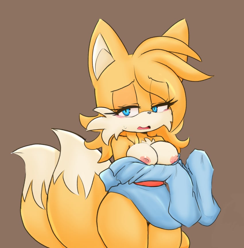 blush breasts canine colored cute edit ellie_prower female fox front_view fur furry furry_breasts furry_ears furry_only furry_tail hearlesssoul horny interspecies male mammal multi_tail orange_fur roundpeach rule_63 solo_focus sonic_(series) tail tails tailsko white_fur