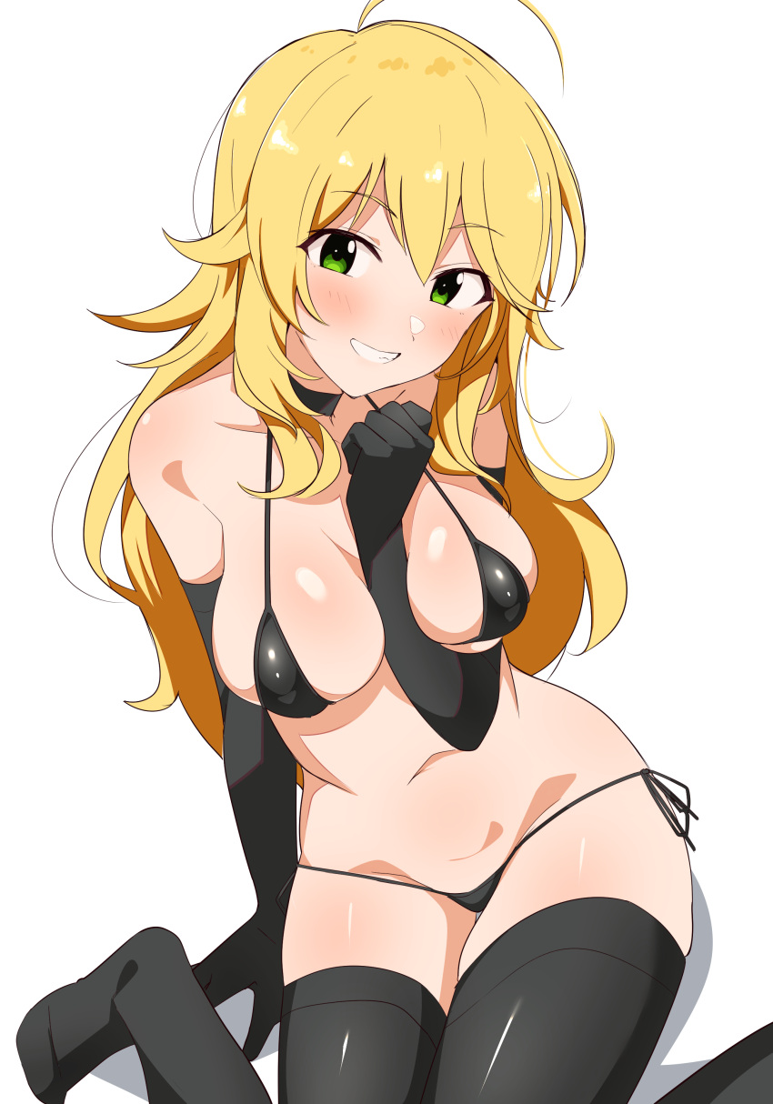 1girls absurdres ahoge bangs bare_shoulders belly big_breasts bikini black_gloves black_legwear blonde_hair blush choker cleavage collarbone elbow_gloves female female_only gloves green_eyes highres hoshii_miki idolmaster idolmaster_(classic) large_breasts long_hair looking_at_viewer micro_bikini navel seihekiog sitting smile solo stockings thighhighs thighs wariza wavy_hair