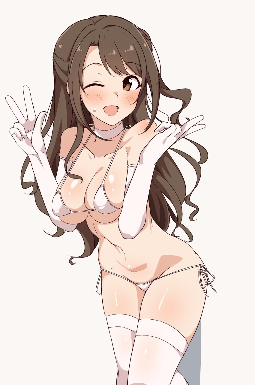 absurdres bangs bare_shoulders bikini blush breasts brown_eyes brown_hair choker cleavage collarbone double_v elbow_gloves female female gloves highres idolmaster idolmaster_cinderella_girls large_breasts long_hair looking_at_viewer micro_bikini navel one_eye_closed one_side_up open_mouth seihekiog shimamura_uzuki smile solo swept_bangs swimsuit thighhighs thighs v white_bikini white_choker white_gloves white_legwear