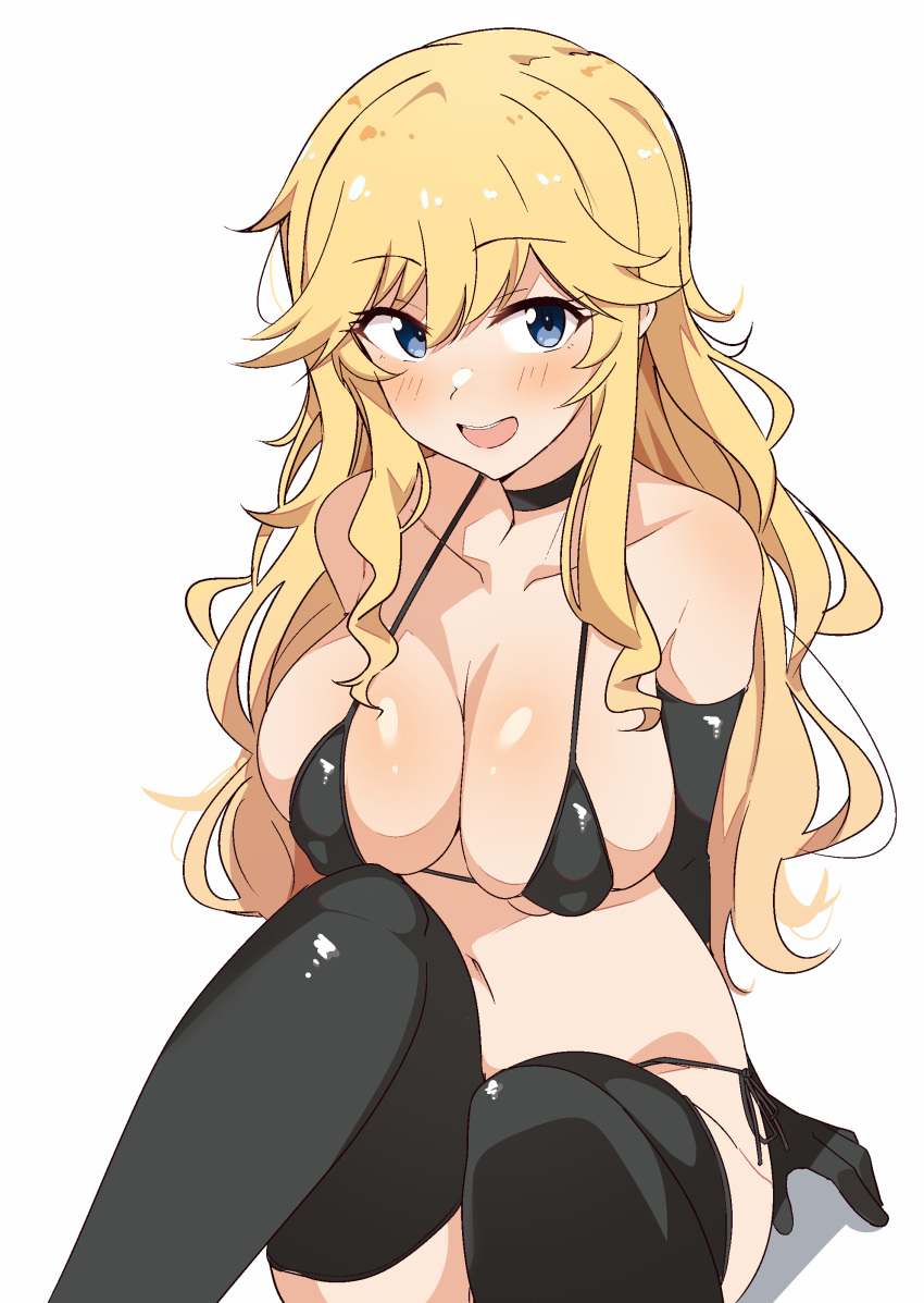 1girls absurdres bangs bare_shoulders big_breasts bikini black_gloves black_legwear black_socks blonde_hair blue_eyes blush choker cleavage collarbone elbow_gloves female female_only gloves highres hoshii_miki idolmaster idolmaster_cinderella_girls large_breasts light-skinned_female long_hair looking_at_viewer micro_bikini navel ootsuki_yui open_mouth seihekiog sidelocks sitting skindentation smile socks solo stockings teenage_girl teenager thigh_socks thighhighs thighs wavy_hair